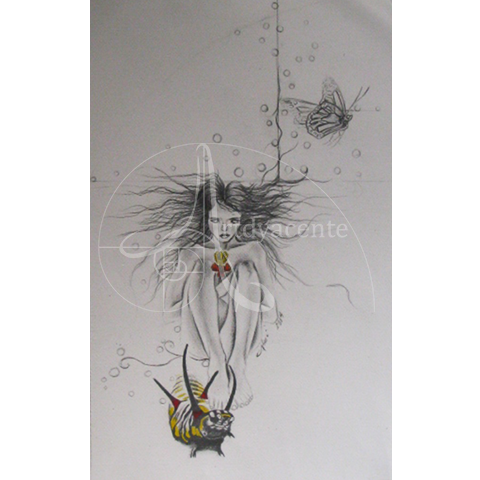 GUARDIÁN DE LA MONARCA - NIM OBUN... GRAFITO Y PASTEL/PAPEL. 48X30 CM.