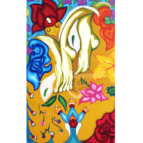  MITOXHOCHITL; DANZA DE LA FLOR - OLIVA TORRES. ACRÍLICO/TELA. 89X55 CM
