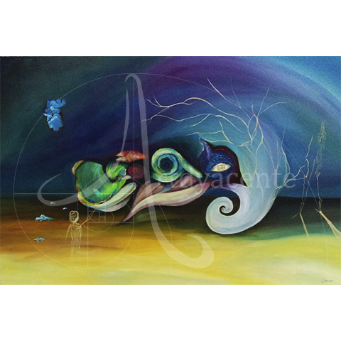  “ESCUCHANDO LOS SILENCIOS DEL MUNDO” - ANDREA CEIBA. ACRÍLICO/LIENZO. 80X120 CM.