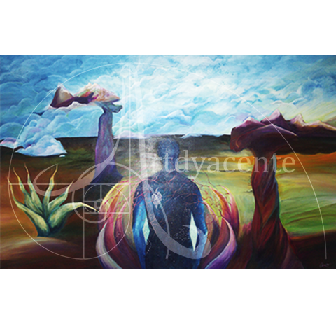  LOS SOSTENEDORES DEL CIELO, LA NIEBLA Y LA MEMORIA - ANDREA CEIBA. ACRÍLICO/LIENZO. 80X120CM.